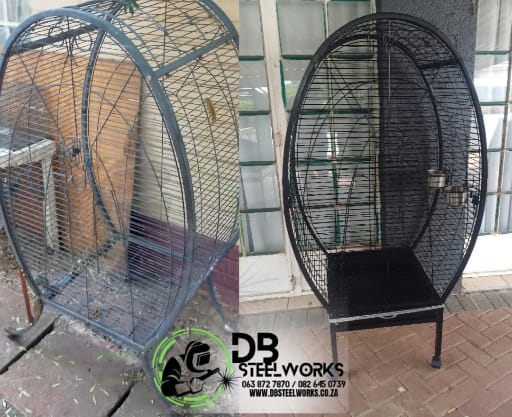 Before and after of round steel bird cage refurbishment