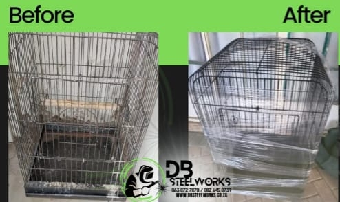 Before and after images of a steel square bird cage refurbishment