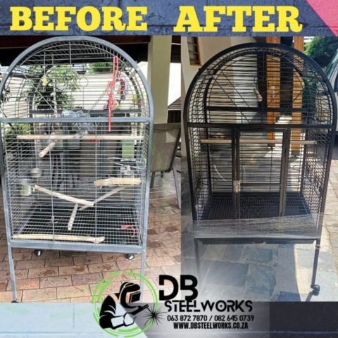 Before and after images of a round-top steel bird cage refurbishment