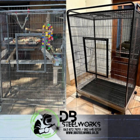 Before and after images of a steel square bird cage refurbishment