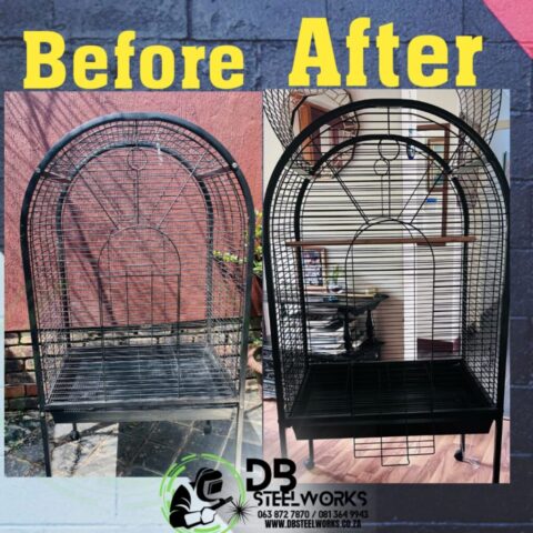 Before and after images of a round-top steel bird cage refurbishment