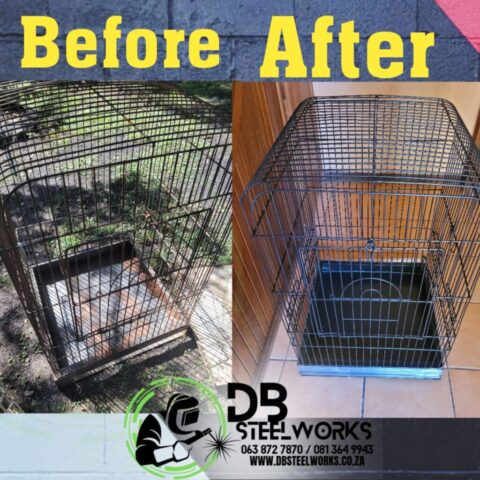Before and after images of a steel square bird cage refurbishment