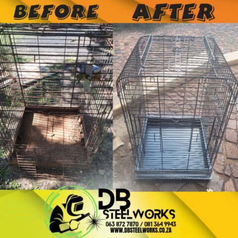 Before and after images of a steel square bird cage refurbishment