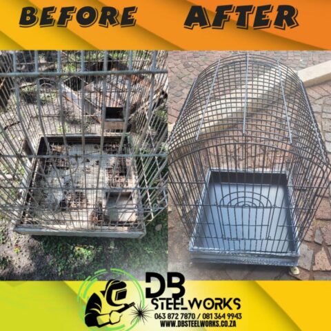 Before and after images of a round-top steel bird cage refurbishment