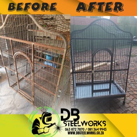 before and after of antique steel bird cage refurbishment