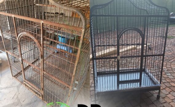 Comparison of a large bird cage before and after steelworks repair