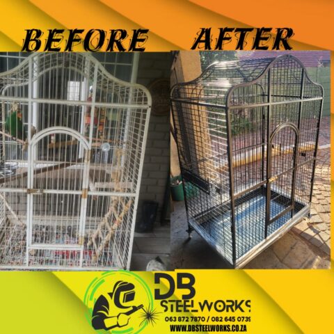 Before and After Bird Cage Steel Refurbishment and Painted